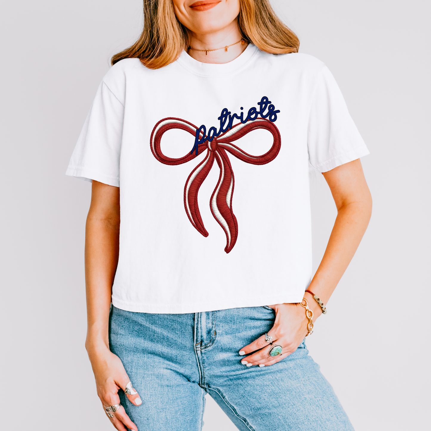 Patriots Bow Short Sleeve Crop Top