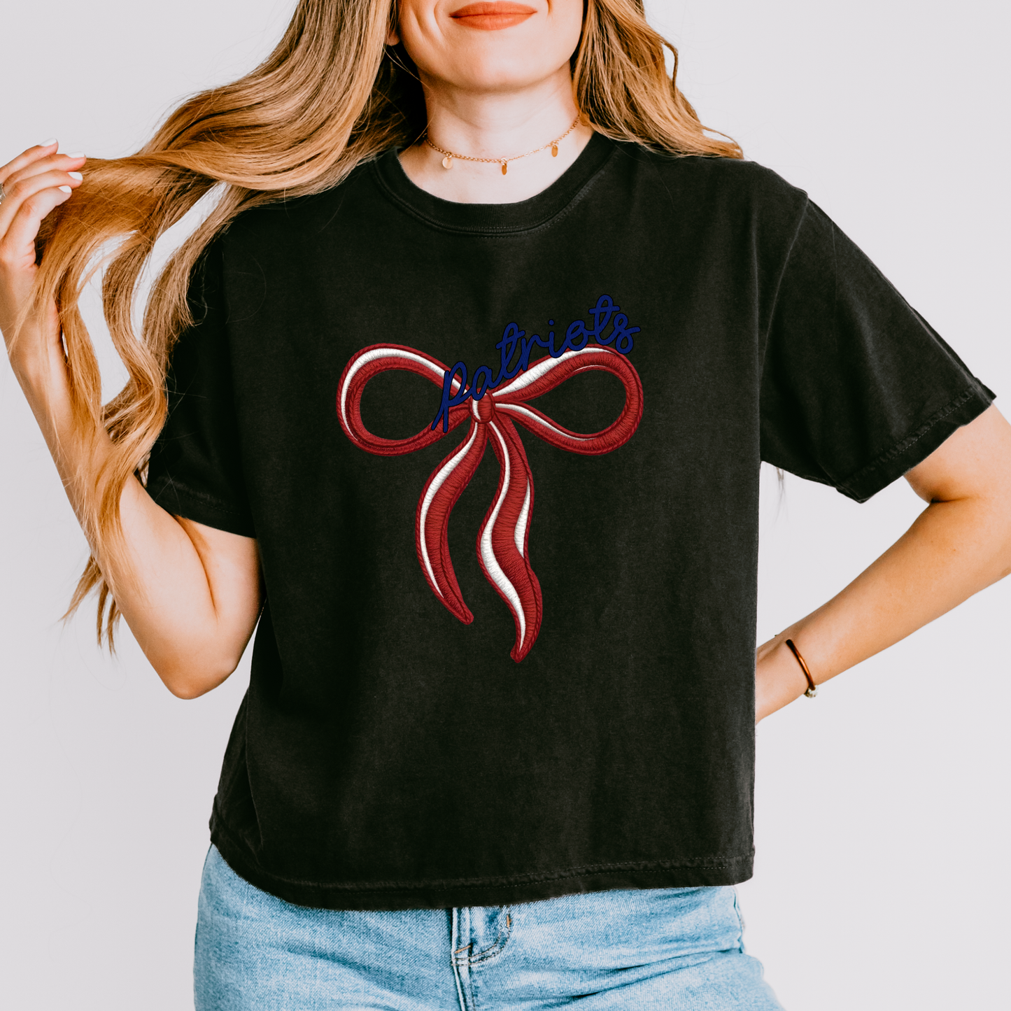 Patriots Bow Short Sleeve Crop Top